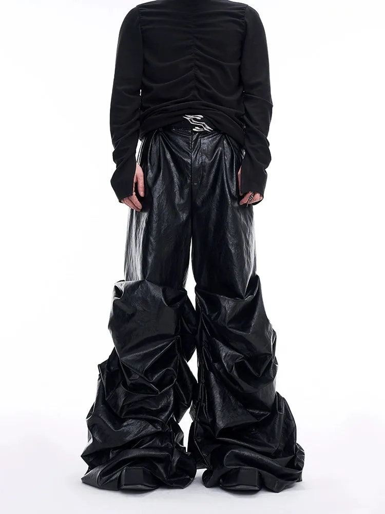 【24s Nov.】Men's Wide-Leg Ruched Leather Pants