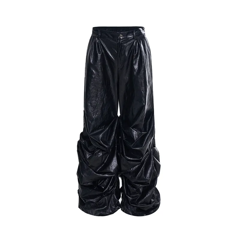 【24s Nov.】Men's Wide-Leg Ruched Leather Pants