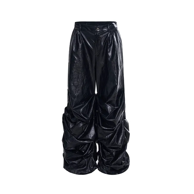 【24s Nov.】Men's Wide-Leg Ruched Leather Pants