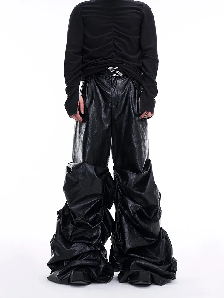 【24s Nov.】Men's Wide-Leg Ruched Leather Pants