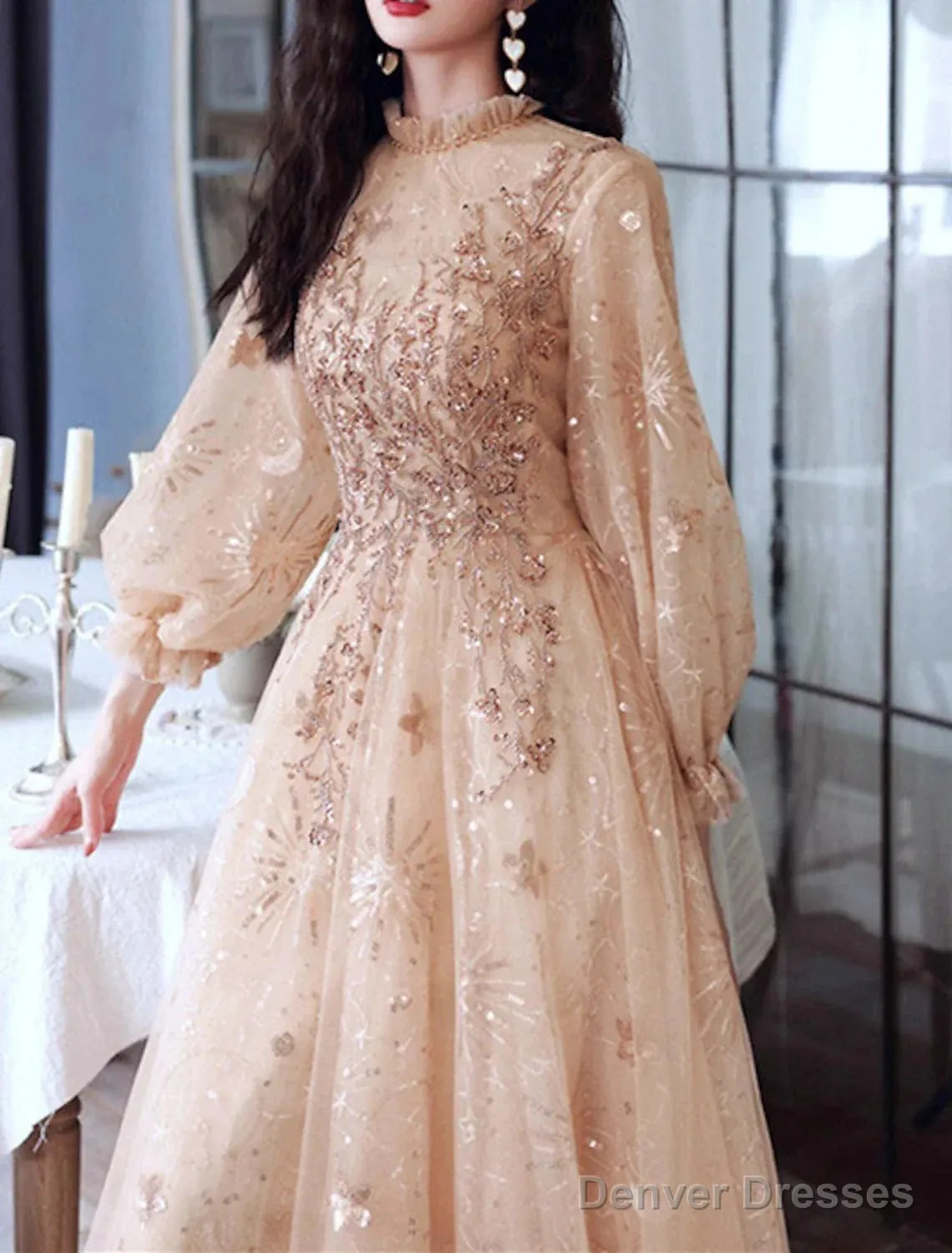A-Line Glittering Elegant Engagement Formal Evening Dress High Neck Long Sleeve Floor Length Tulle With Sequin
