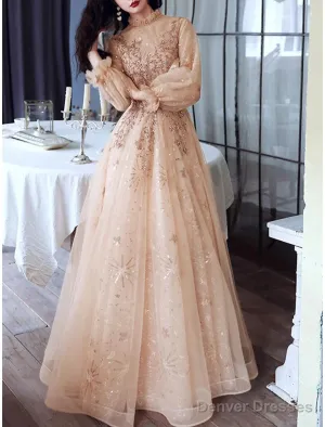 A-Line Glittering Elegant Engagement Formal Evening Dress High Neck Long Sleeve Floor Length Tulle With Sequin