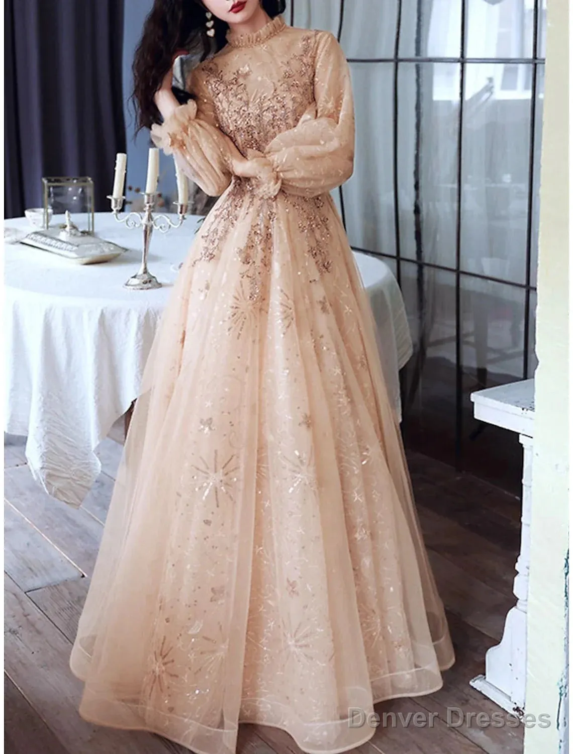 A-Line Glittering Elegant Engagement Formal Evening Dress High Neck Long Sleeve Floor Length Tulle With Sequin