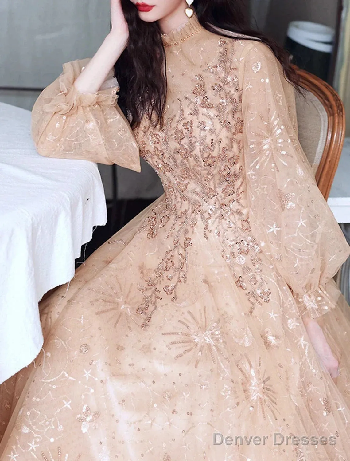 A-Line Glittering Elegant Engagement Formal Evening Dress High Neck Long Sleeve Floor Length Tulle With Sequin