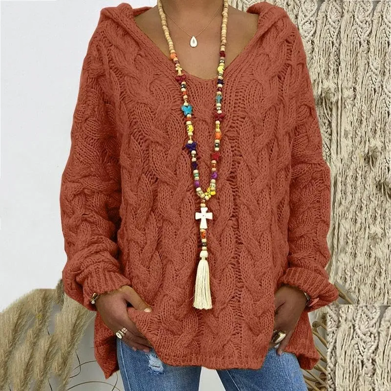 Akivide Women's Oversized Chunky Cable Knit Pullover Hooded Sweaters V Neck Long Sleeve Loose Hoodies