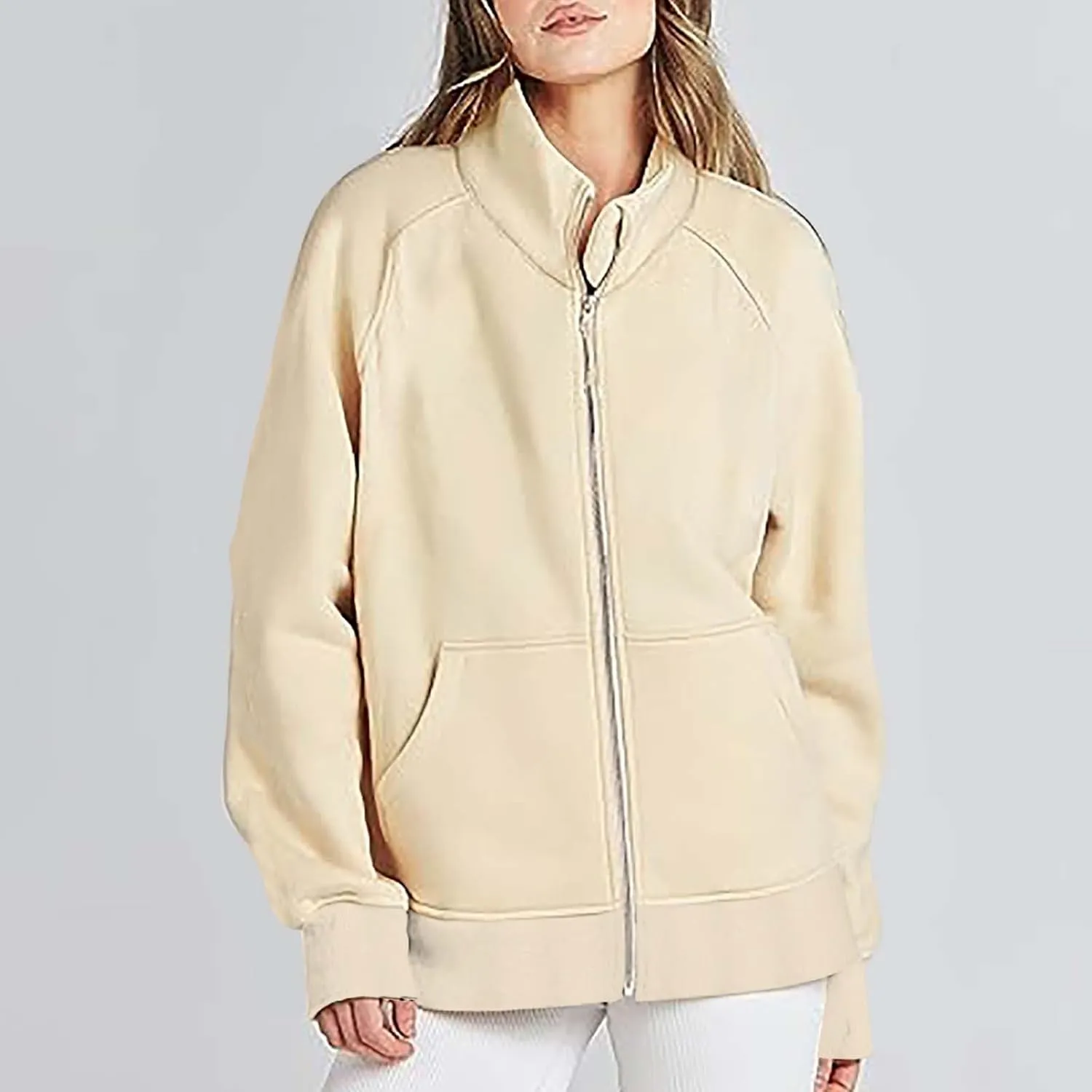 Akklian Women's Full Zip Up Jackets No Hood Long Sleeve Loose Fit Sweatshirts Solid Fashion Casual Cardigan Tops with Pockets