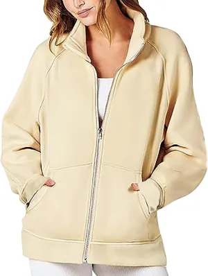 Akklian Women's Full Zip Up Jackets No Hood Long Sleeve Loose Fit Sweatshirts Solid Fashion Casual Cardigan Tops with Pockets