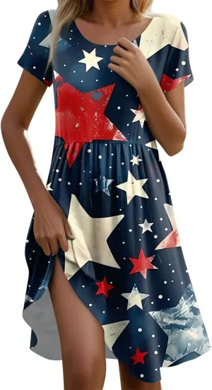 American Flag Dress for Women Independence Day Round Neck Loose Fit Midi Elegant Holiday Party Cocktail with Pockets