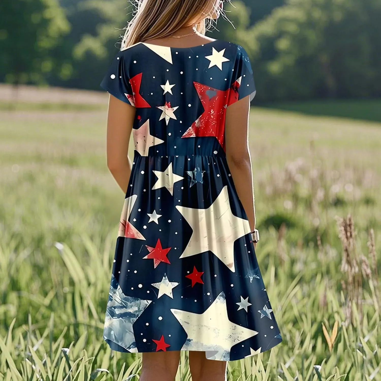 American Flag Dress for Women Independence Day Round Neck Loose Fit Midi Elegant Holiday Party Cocktail with Pockets