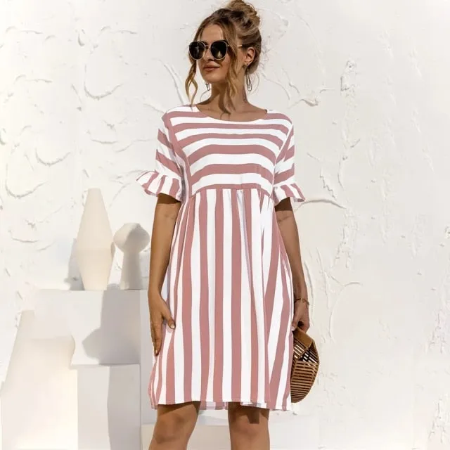 Amy Fashion - Elegant Ruffle Sleeve Striped Patchwork Dresses
