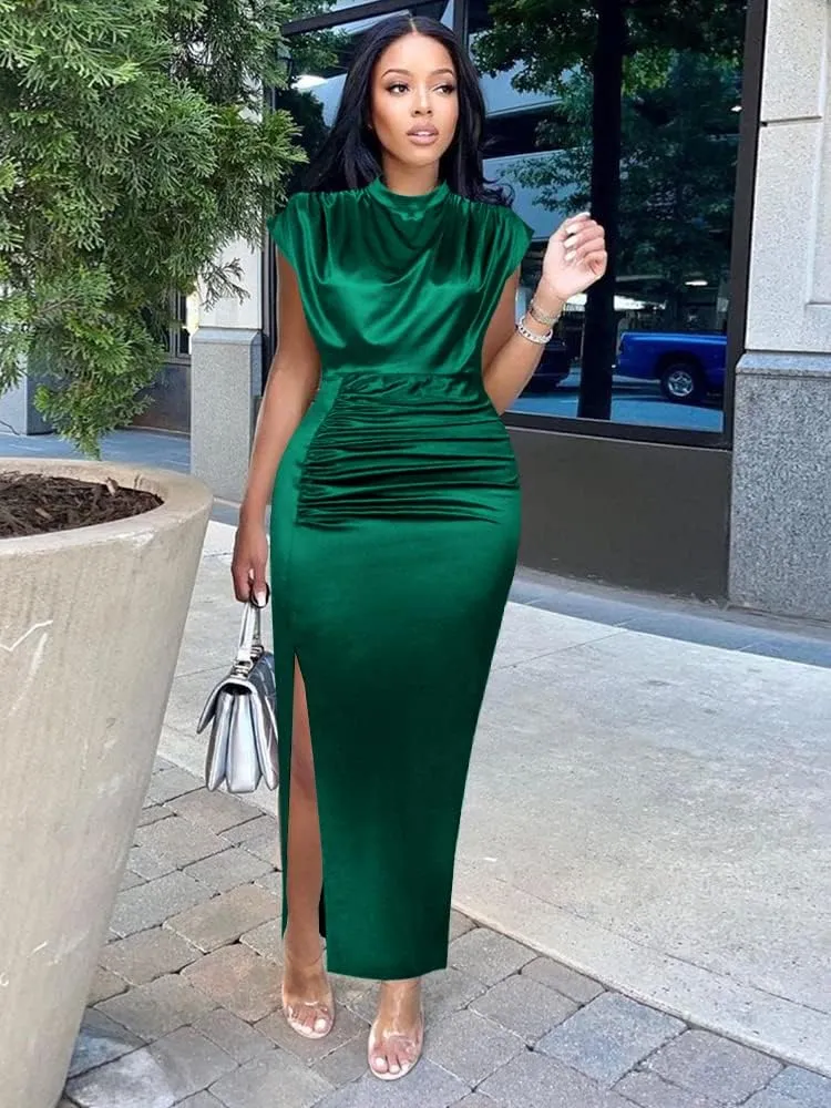 AOMEI Women's Cap Sleeve High Waist Ruched Slit Slim Elegant Long Satin Formal Dress