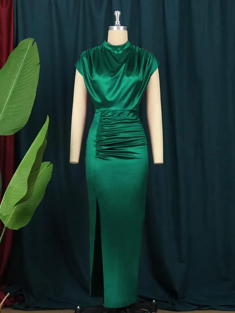 AOMEI Women's Cap Sleeve High Waist Ruched Slit Slim Elegant Long Satin Formal Dress