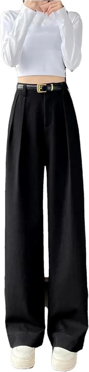 Autumn High Waist Simple Solid Color Straight Casual Suit Trousers Women Office Slim Chic Wide Leg Pants