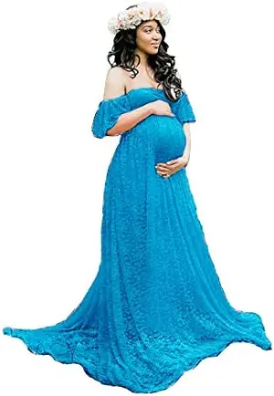 Babymoon Off Shoulder Maternity Gown Dress - Aqua