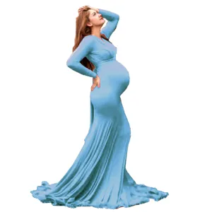 Babymoon V Neck Maternity Gown Dress - Light Blue