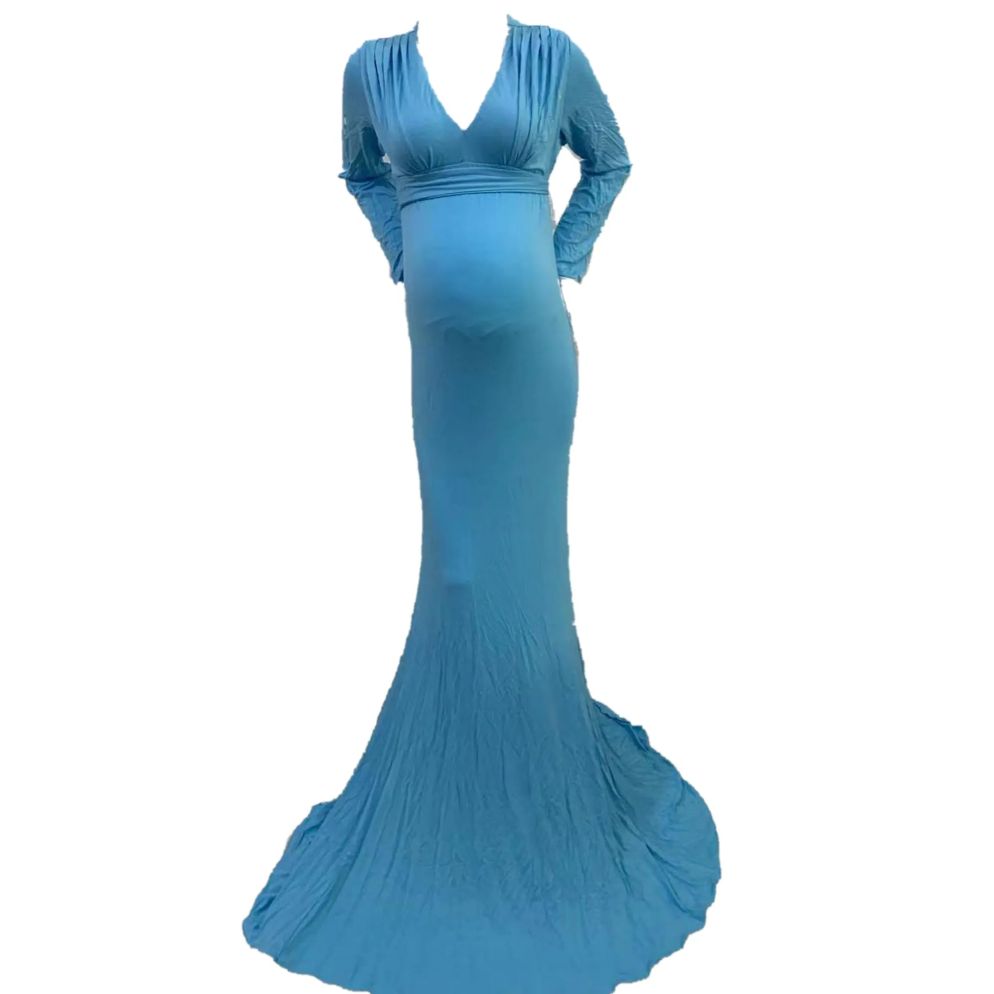 Babymoon V Neck Maternity Gown Dress - Light Blue