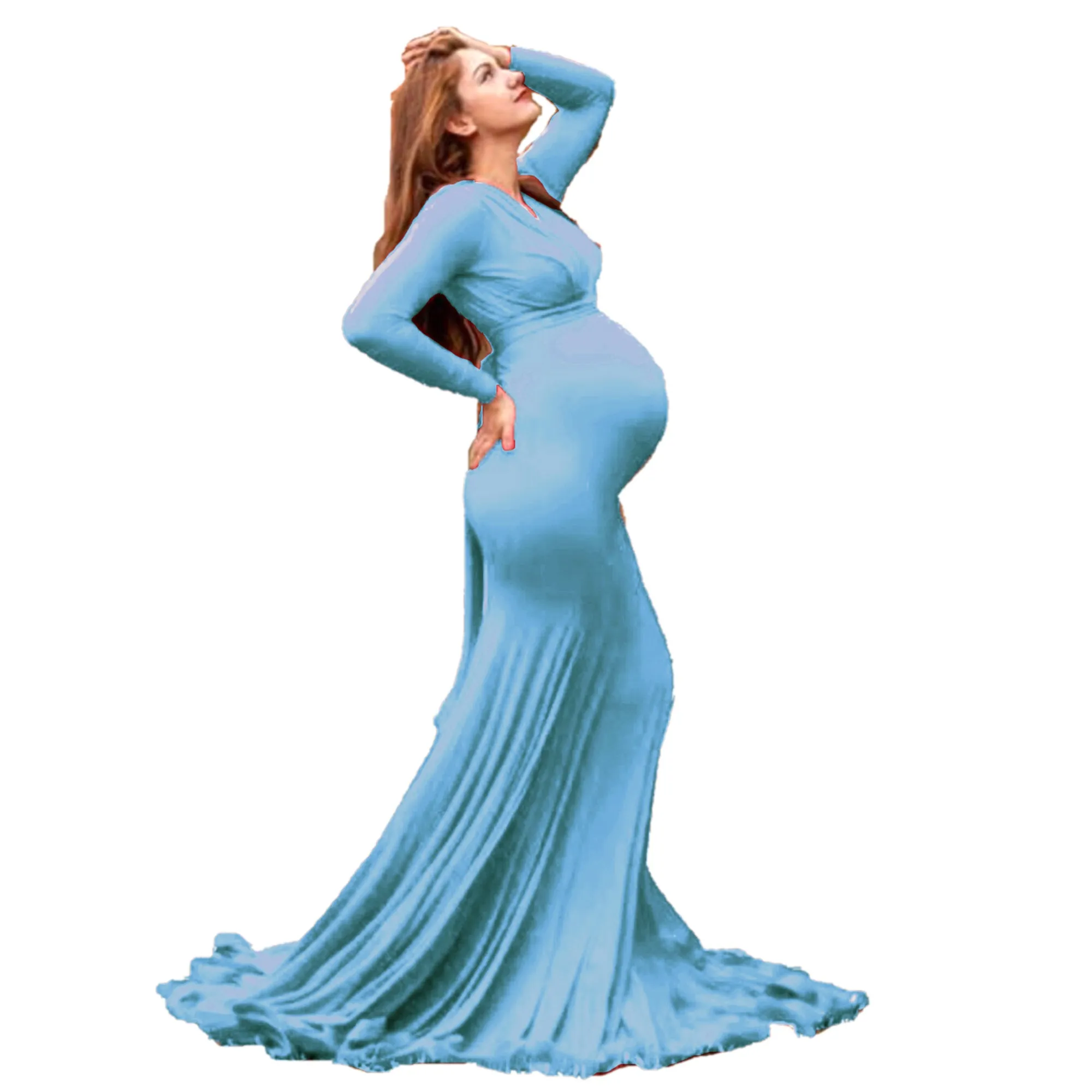 Babymoon V Neck Maternity Gown Dress - Light Blue