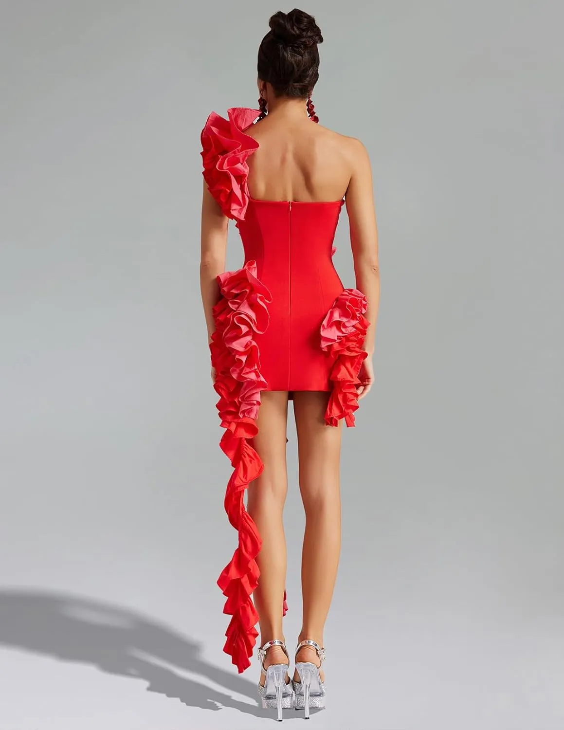 BELLA BARNETT Solid Red One Shoulder Dress Flower Ruffle Dress Elegant Bodycon Dress