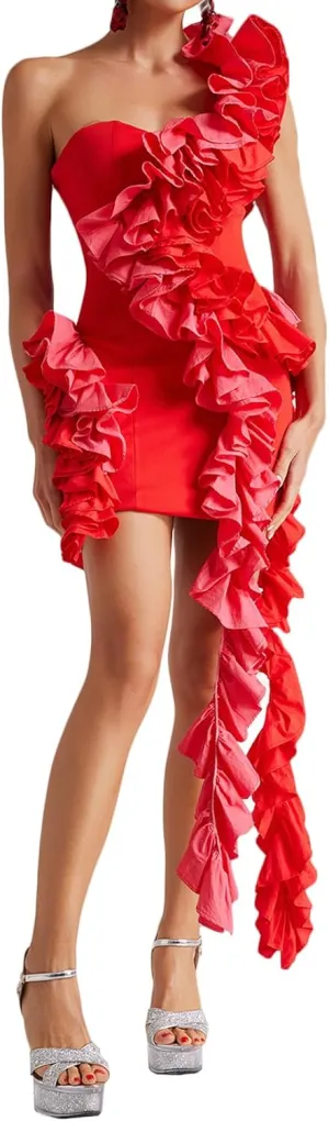 BELLA BARNETT Solid Red One Shoulder Dress Flower Ruffle Dress Elegant Bodycon Dress