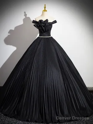 Black Pleated Long A-Line Party Gown With Rhinestone Sash, Elegant Off The Shoulder Formal Evening Dress