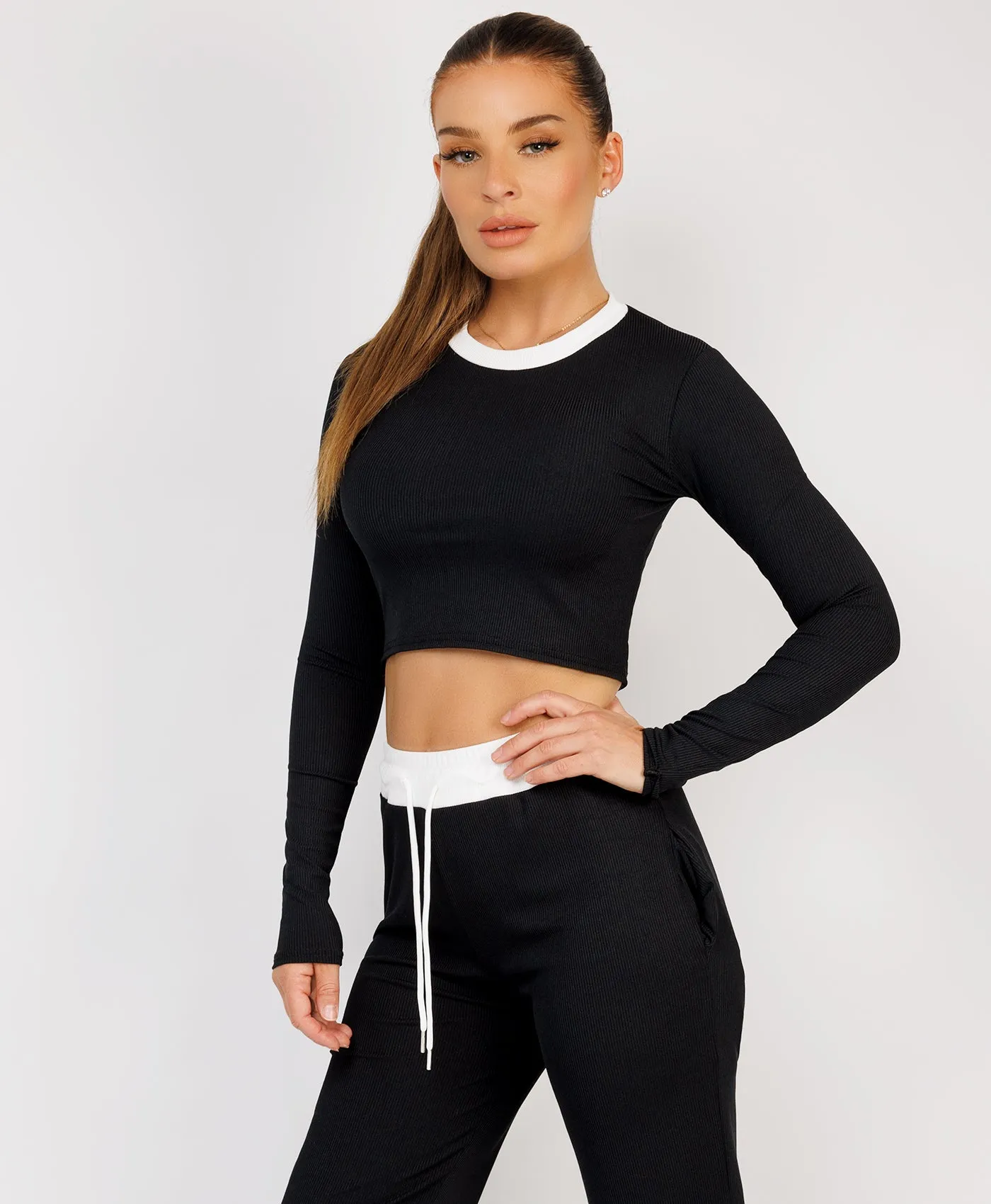 Black Wide Leg Trousers and Long Sleeve Top Loungewear Set