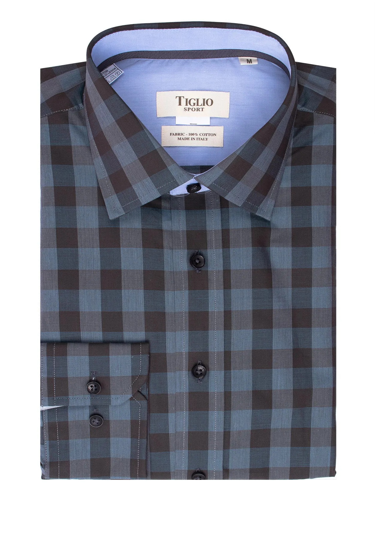 Brown and Bluish Gray Check Pattern Modern Fit Sport Shirt by Tiglio Sport SP9021