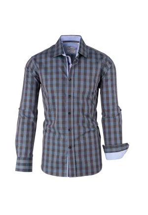 Brown and Bluish Gray Check Pattern Modern Fit Sport Shirt by Tiglio Sport SP9021