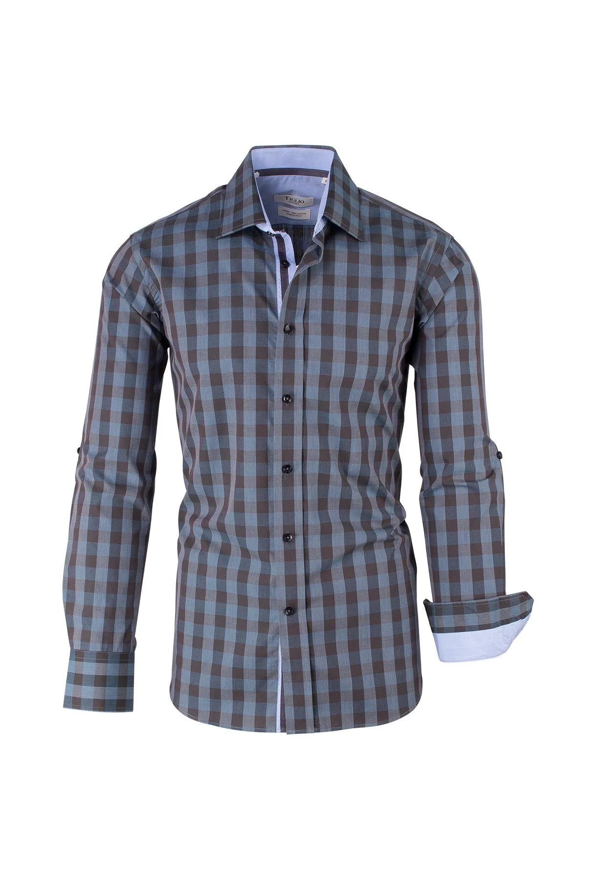 Brown and Bluish Gray Check Pattern Modern Fit Sport Shirt by Tiglio Sport SP9021