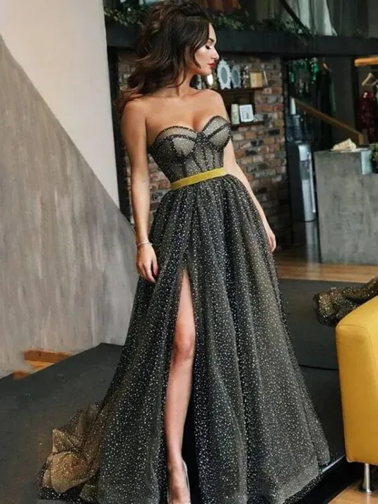 Chic A-line Sweetheart Long Prom Dresses Elegant Glitter Black Evening Formal Gowns SEW0181