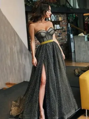 Chic A-line Sweetheart Long Prom Dresses Elegant Glitter Black Evening Formal Gowns SEW0181