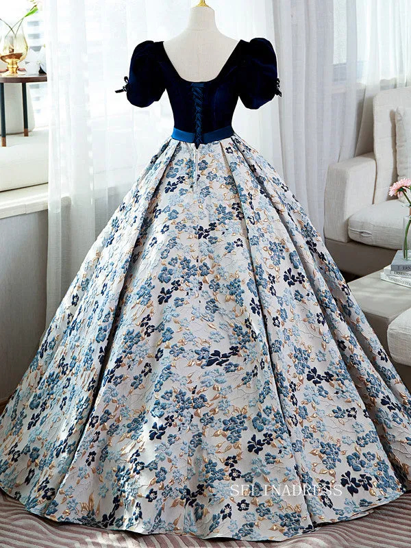 Chic Puff Sleeve Long Prom Dress Floral Ball Gown Elegant Evening Dress #QWE054