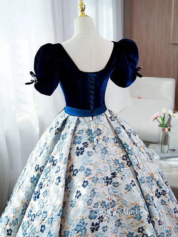 Chic Puff Sleeve Long Prom Dress Floral Ball Gown Elegant Evening Dress #QWE054