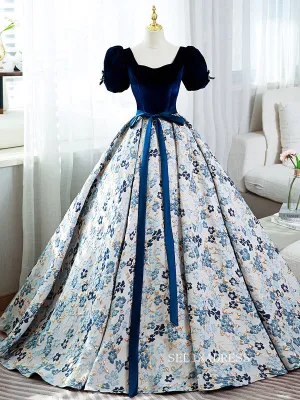 Chic Puff Sleeve Long Prom Dress Floral Ball Gown Elegant Evening Dress #QWE054
