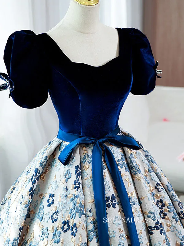 Chic Puff Sleeve Long Prom Dress Floral Ball Gown Elegant Evening Dress #QWE054