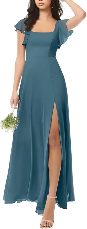 Chiffon Bridesmaid Dresses Long with Slit Short Sleeve Formal Wedding Guest Dress for Women