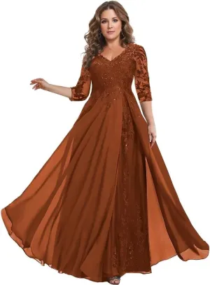 Chiffon Mother of The Bride Dress for Wedding V Neck Lace Applique 3/4 Sleeve Formal Evening Gowns