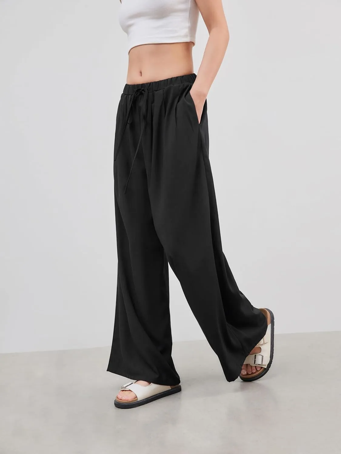 CIDER Palazzo Pants for Women Wide Leg Drawsting Elastic High Waisted Comfy Casual Flowy Pants with Pockets