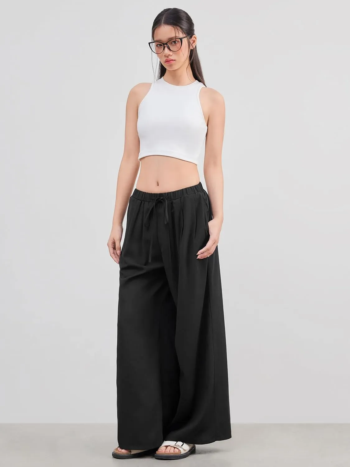 CIDER Palazzo Pants for Women Wide Leg Drawsting Elastic High Waisted Comfy Casual Flowy Pants with Pockets