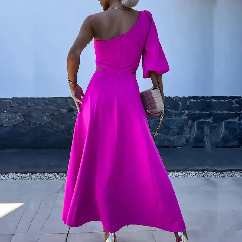 Cold Shoulder Flower Solid A-Line Spring Puff Sleeve Split Waist Hollow Elegant Sexy Dress