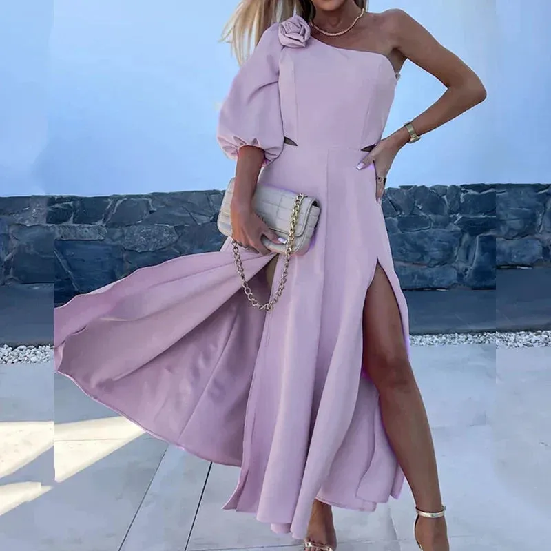 Cold Shoulder Flower Solid A-Line Spring Puff Sleeve Split Waist Hollow Elegant Sexy Dress