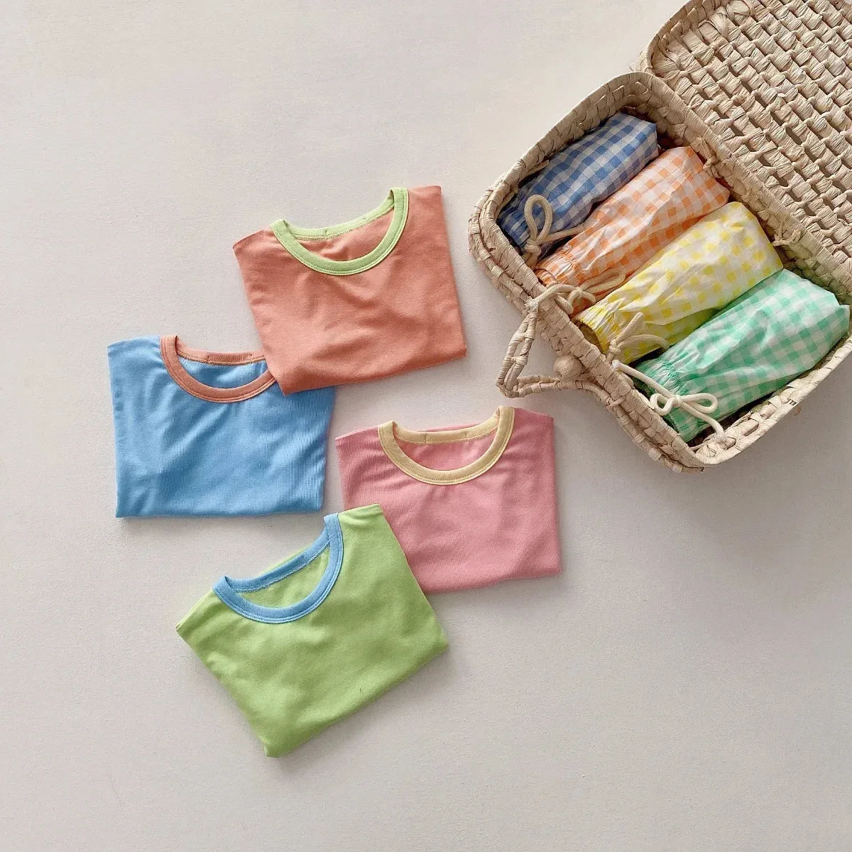 Colorful Tees & Plaid Short Set