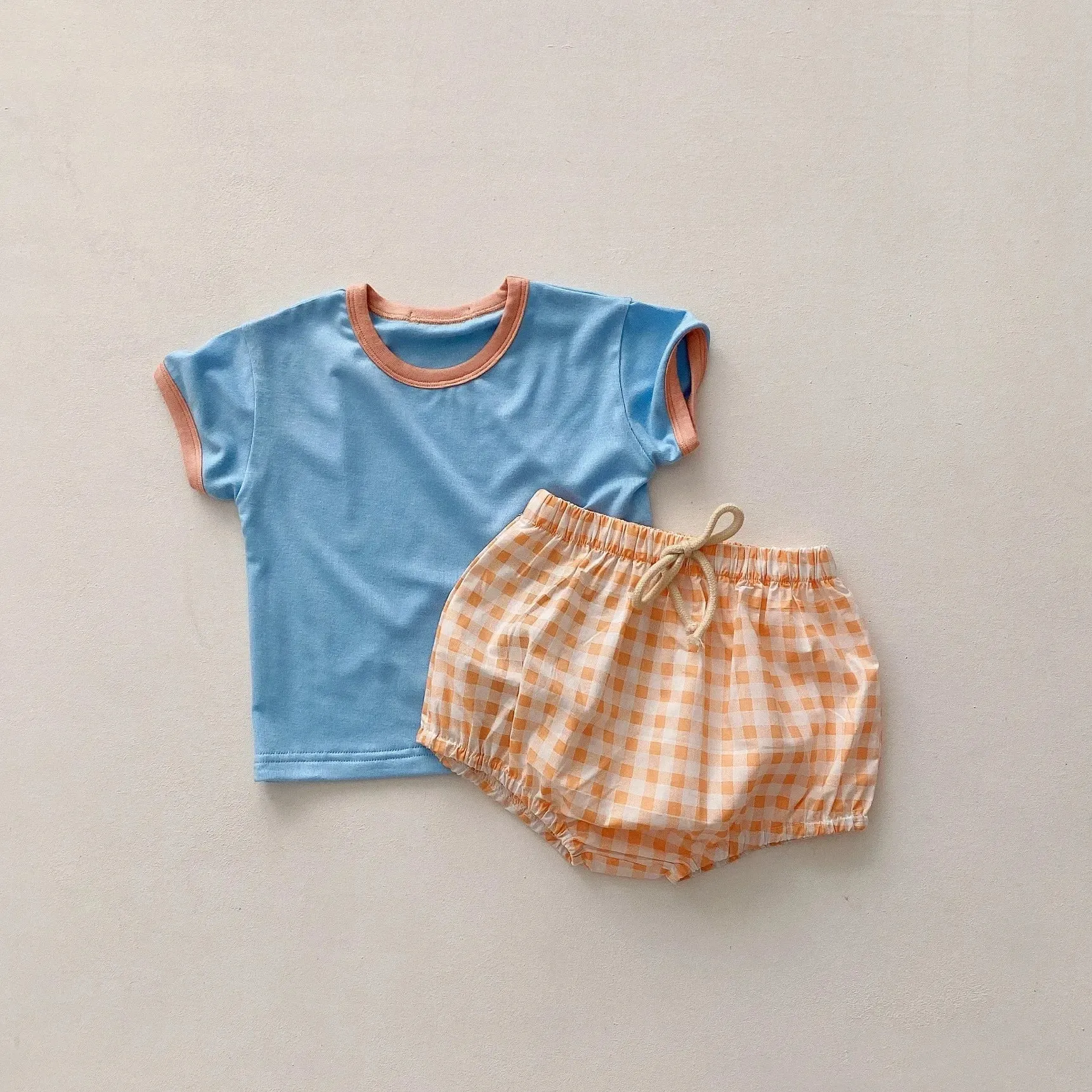 Colorful Tees & Plaid Short Set
