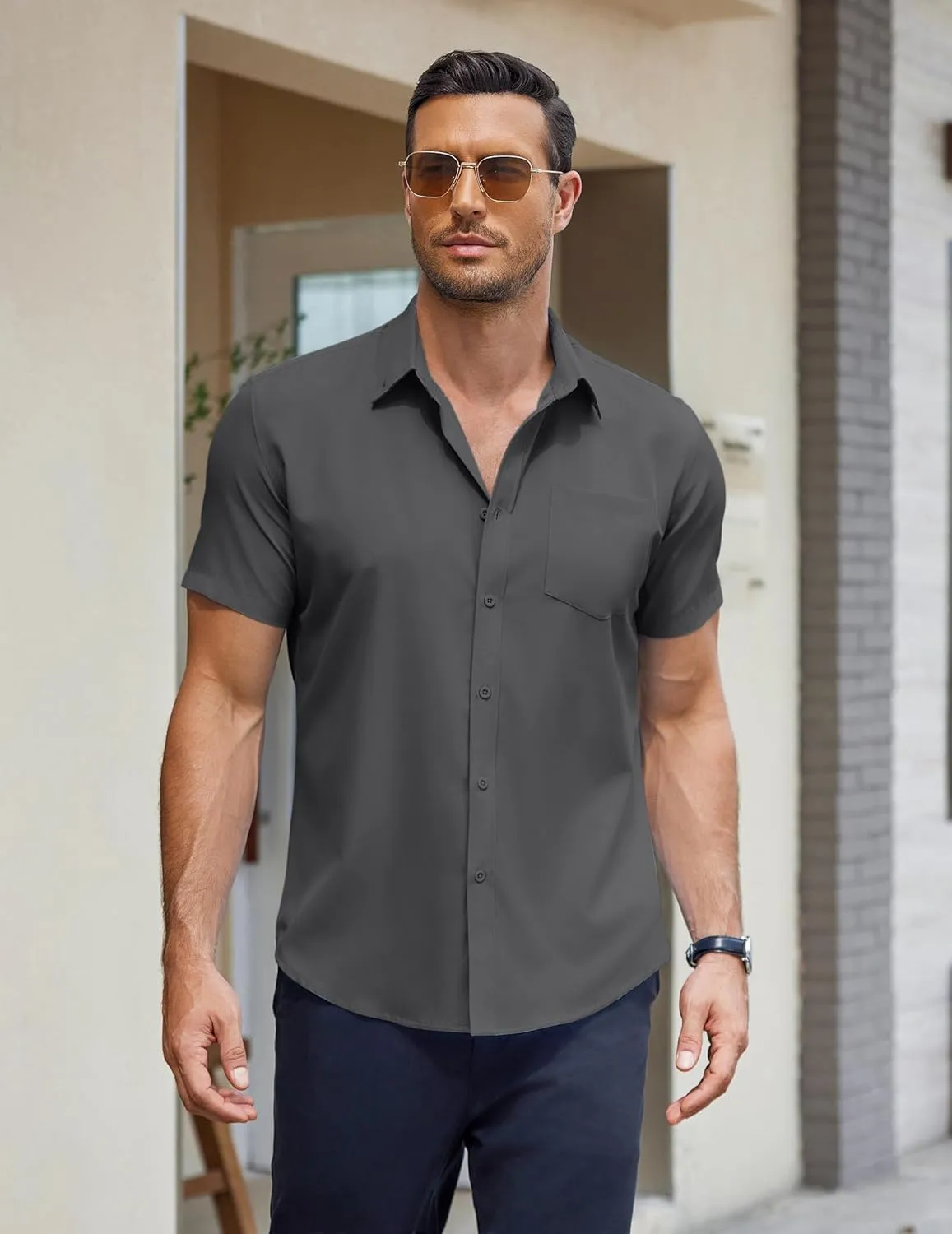 COOFANDY Men's Short Sleeve Button Down Shirts Casual Summer Untucked Wrinkle Free Dress Shirts with Pocket
