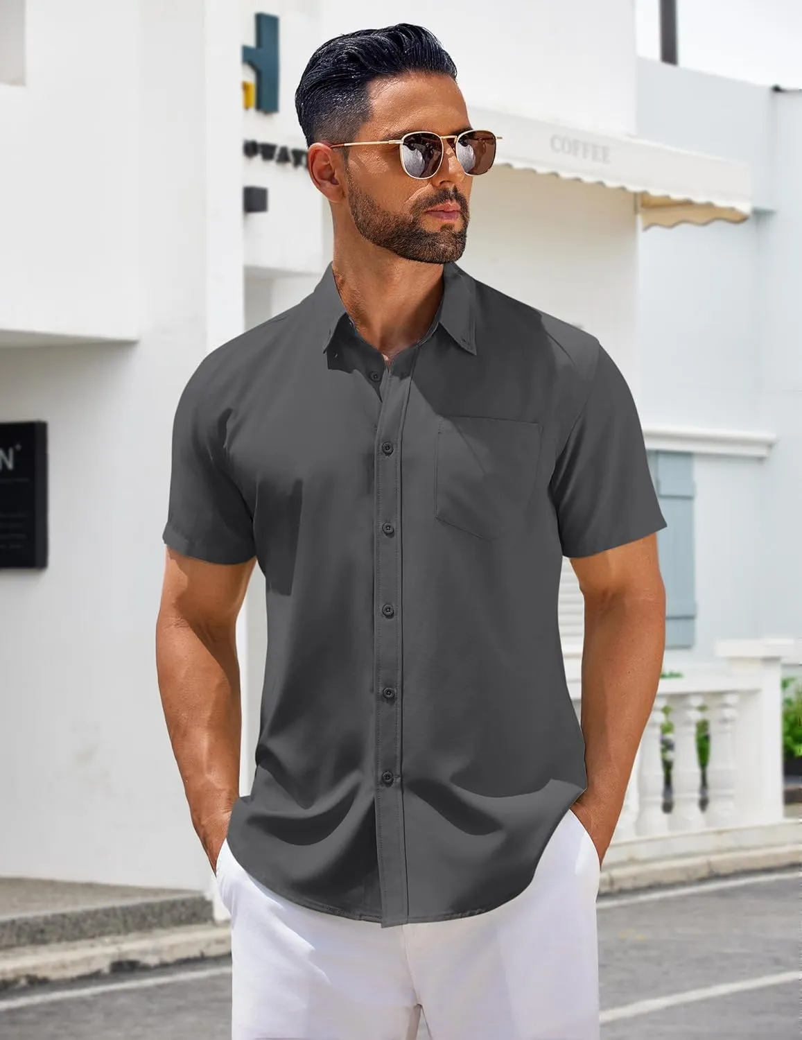 COOFANDY Men's Short Sleeve Button Down Shirts Casual Summer Untucked Wrinkle Free Dress Shirts with Pocket