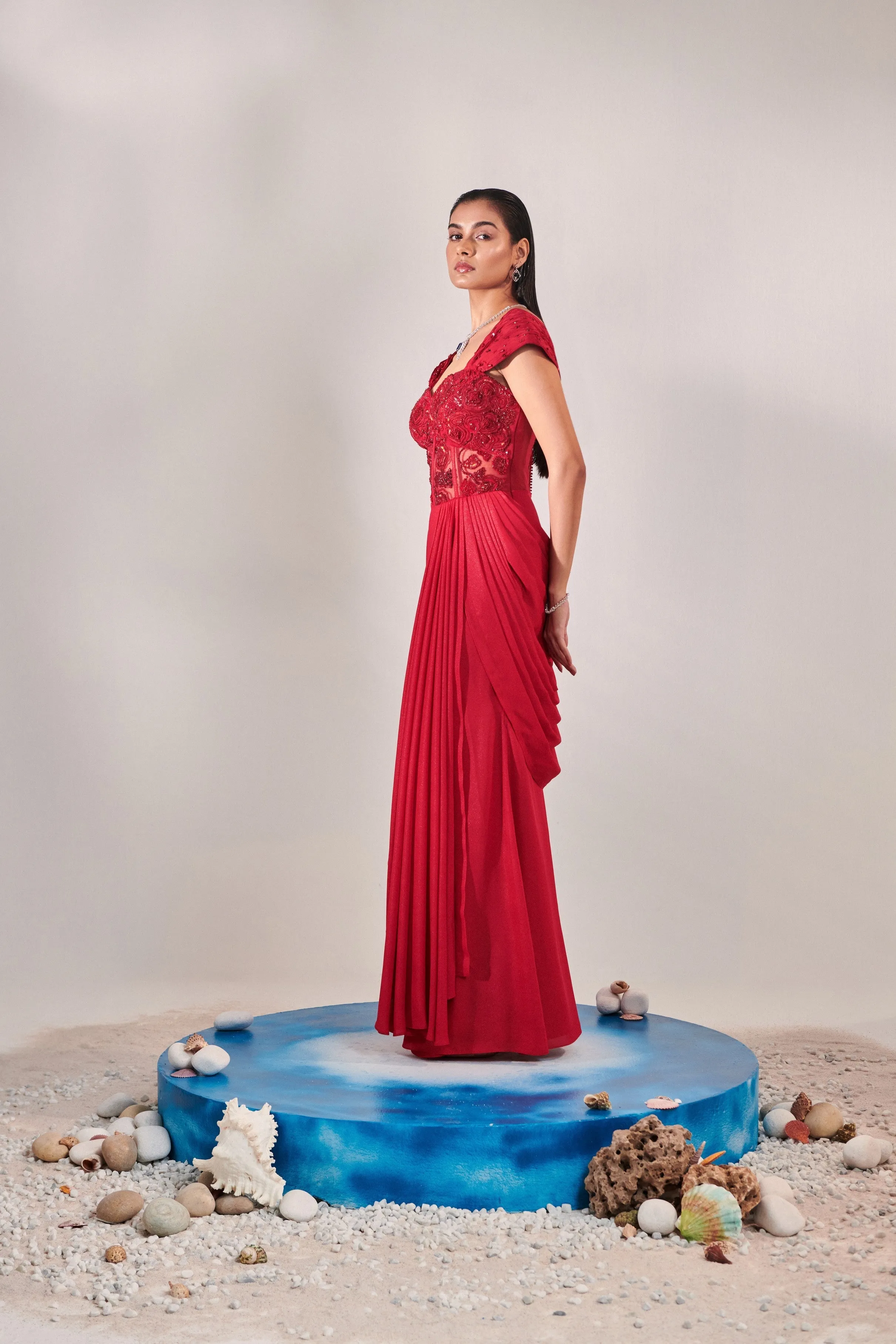 Corset fitted gown with drape saree