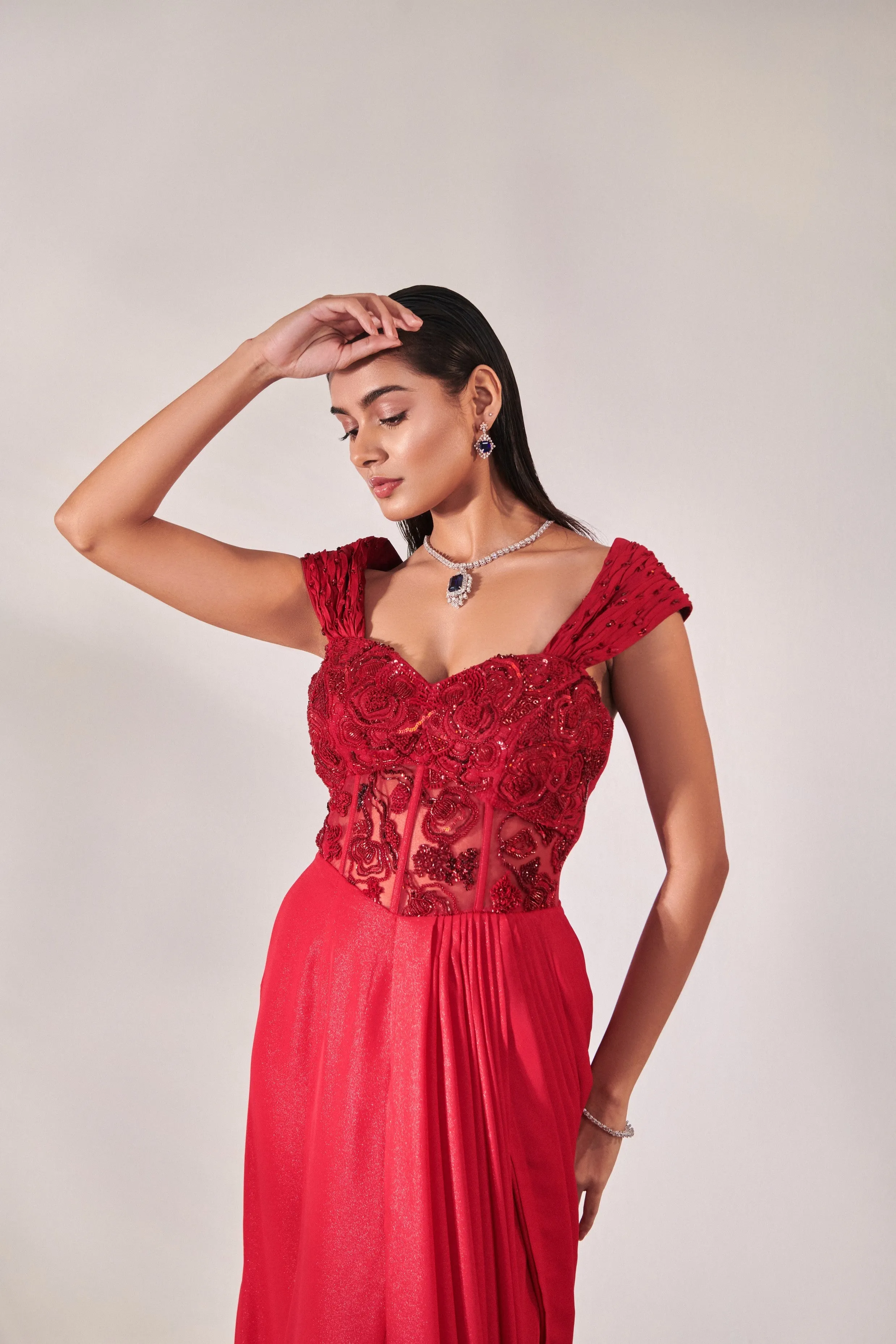 Corset fitted gown with drape saree