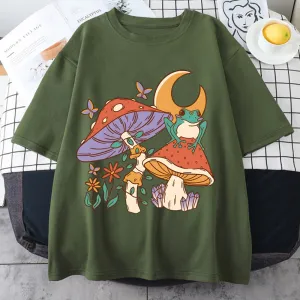 Cottagecore Mushroom Frog Casual Print Tee