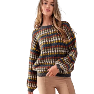 Crew Neck Multicolor Pattern Knit Sweater - Charcoal Multi