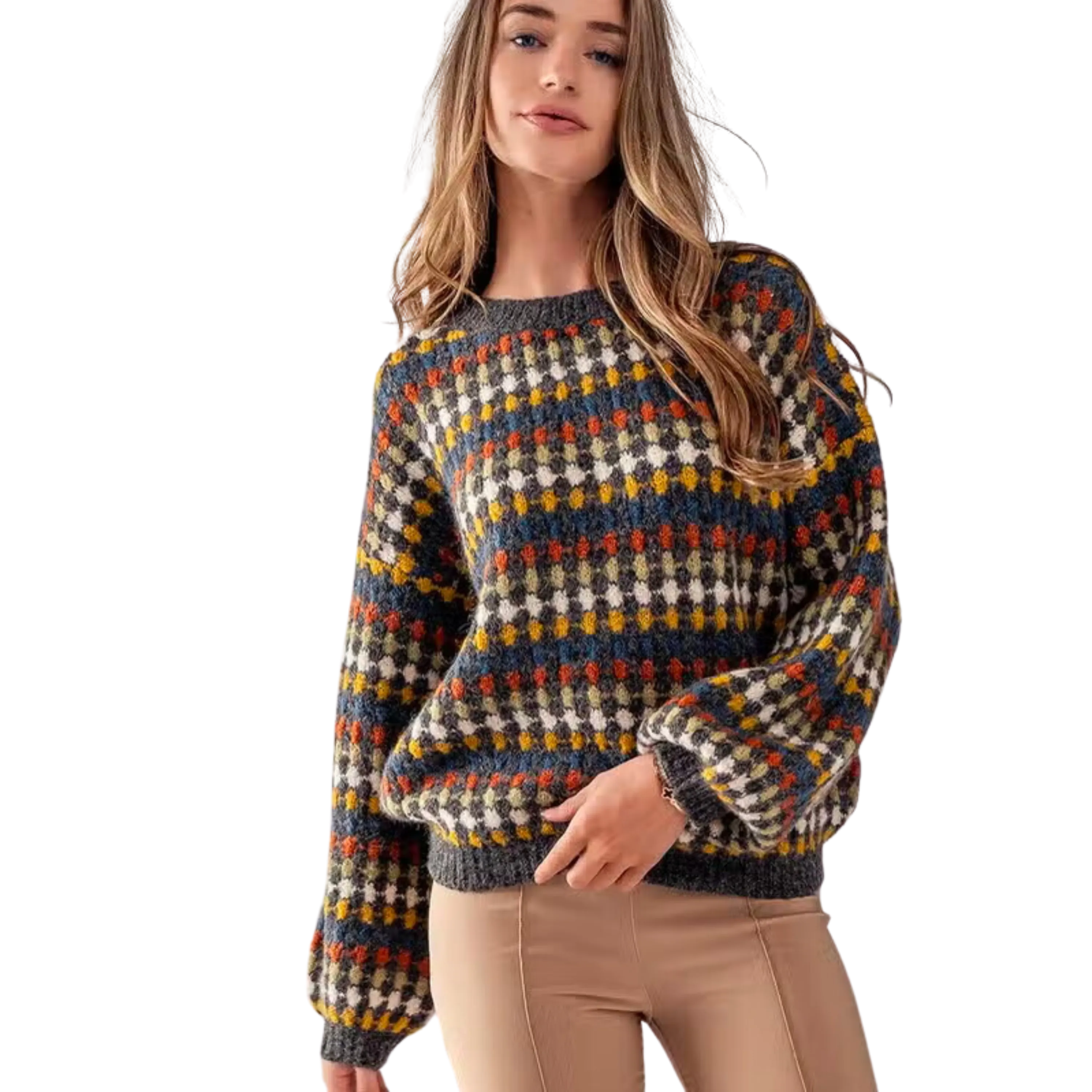 Crew Neck Multicolor Pattern Knit Sweater - Charcoal Multi