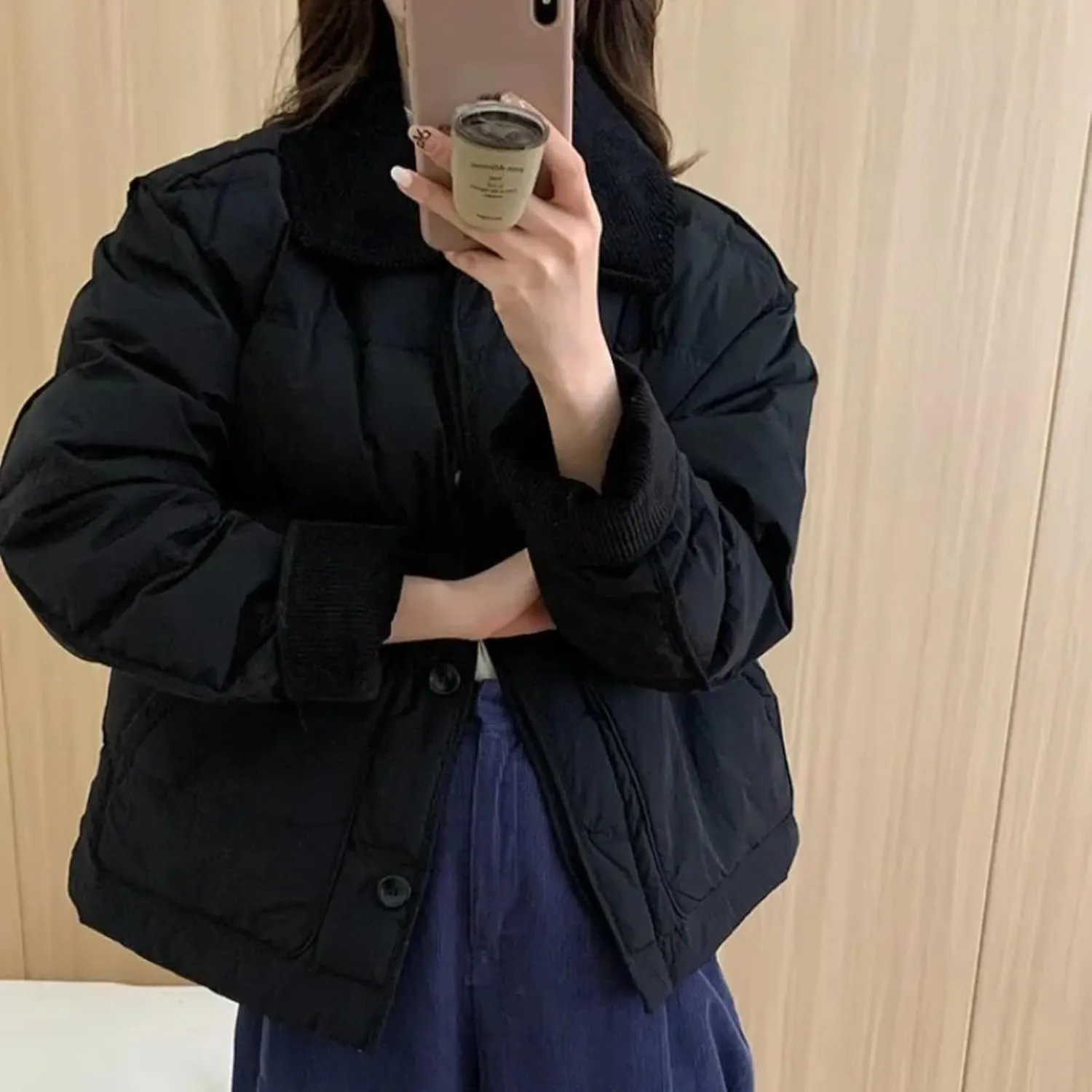 Dawery Patchwork Cropped Jacket Autumn Winter Women Cotton-padded Jacket Lightweight Coat Pocket Long Sleeve Warm Coats